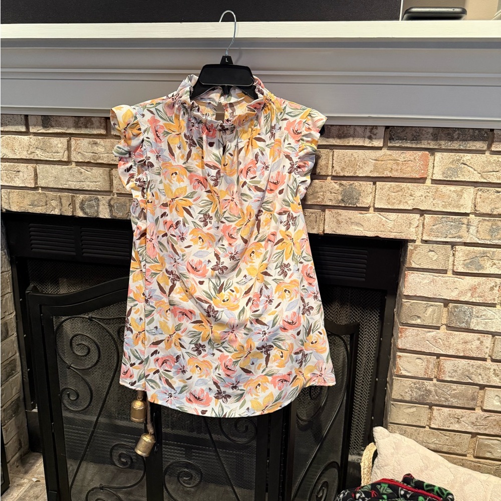 Ruffled Mock-Neck Floral Blouse - White with Yellow & Pink